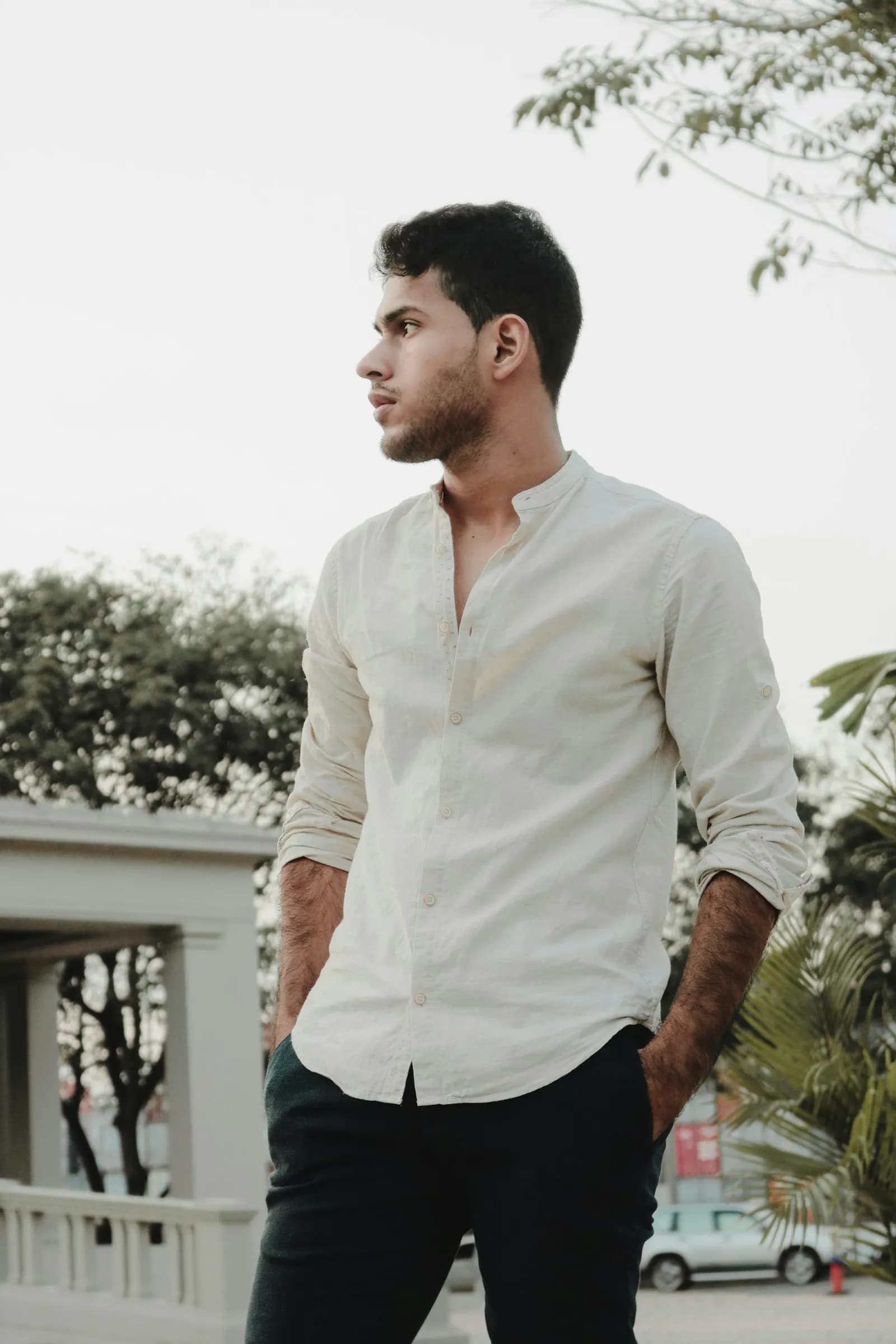 Men's kente-trim linen shirt (sample photo)